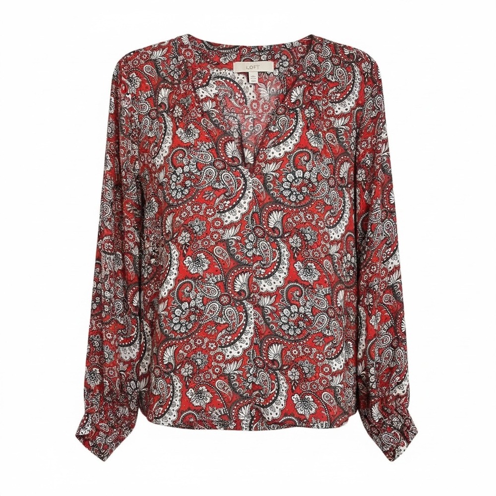 LOFT Red Paisley Print Long Sleeve V Neck Blouse Career Casual Popover Medium